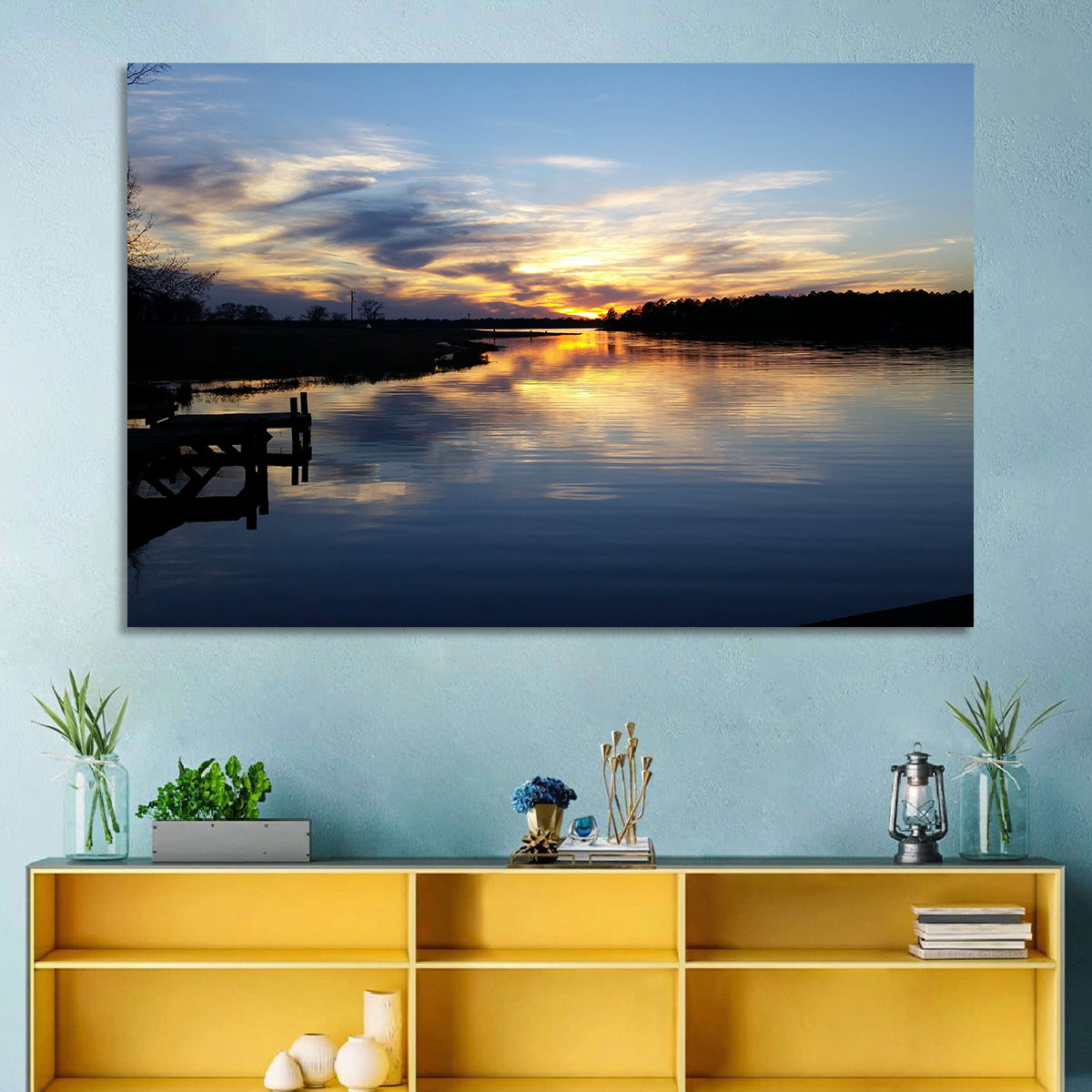 Lake Palestine Pier at Sunset Wall Art in a room, landscape
