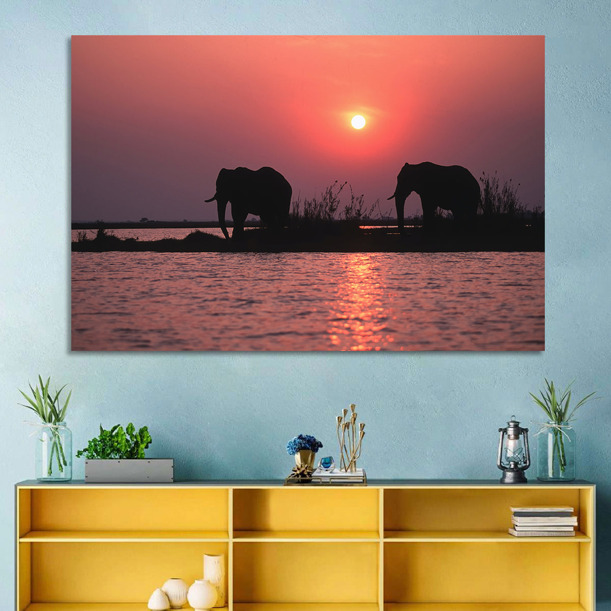 Elephants at Sunset Silhouette Wall Art in a room, landscape