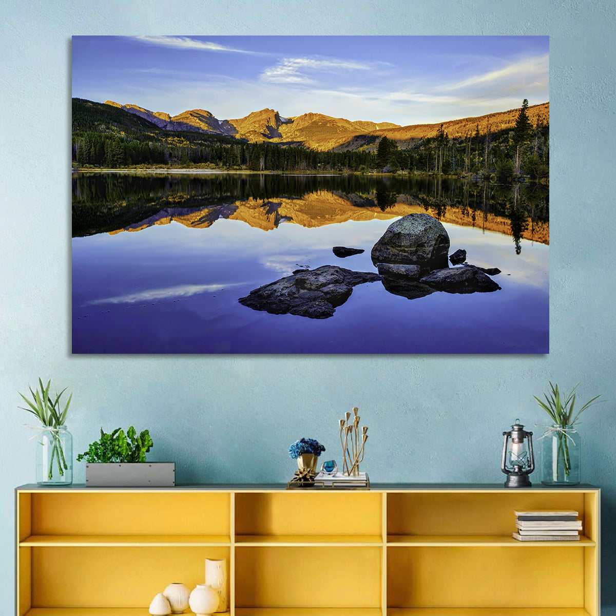 Sprague Lake Sunrise Reflection Wall Art in a room, landscape