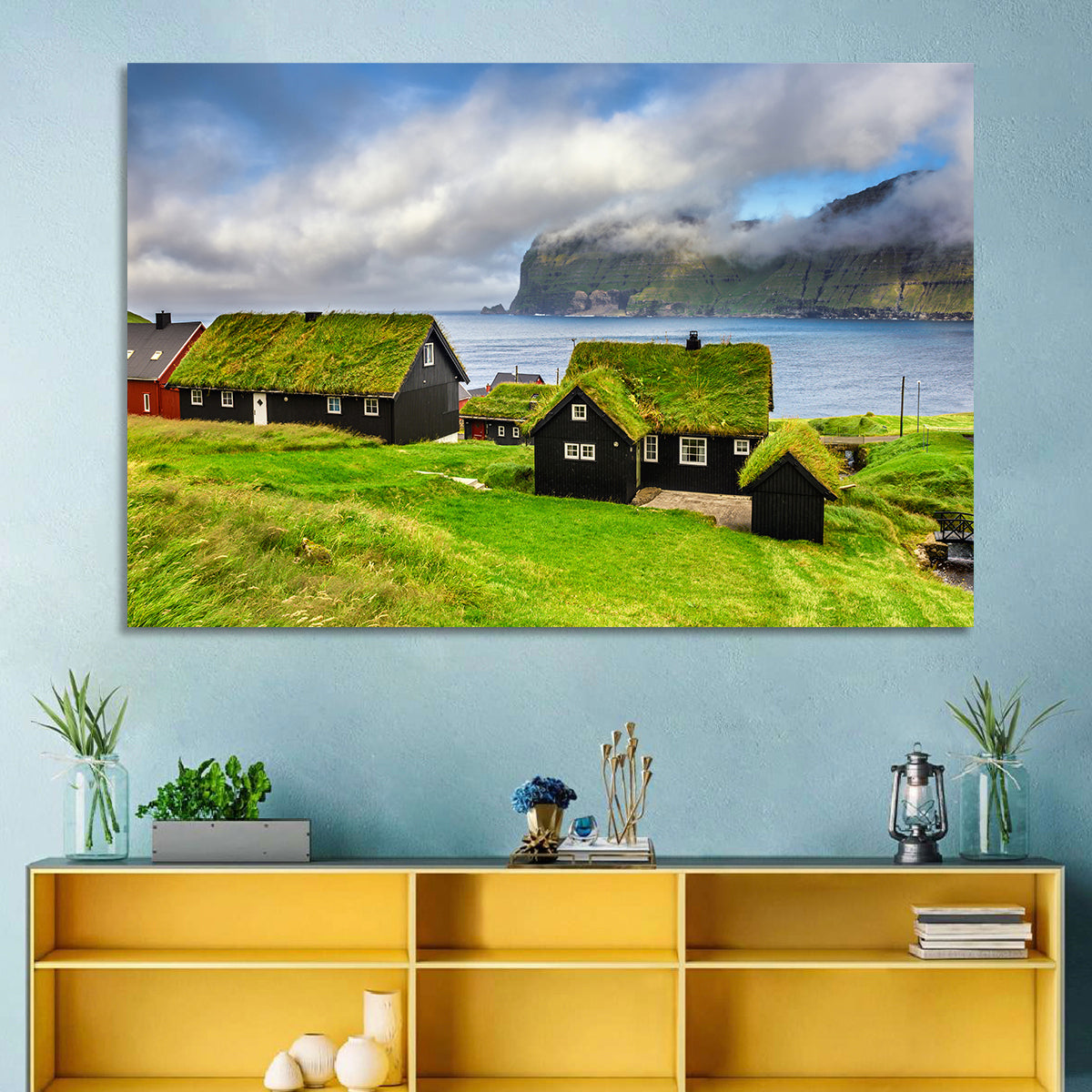 Saksun Village Landscape Wall Art in a room, landscape
