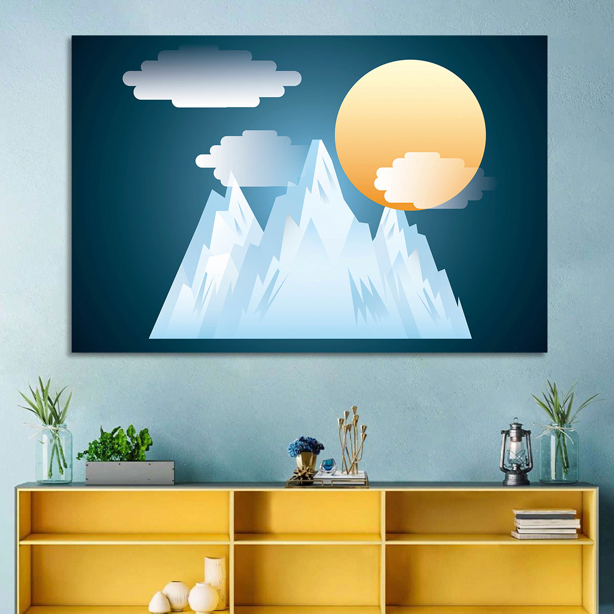 Geometric Snowy Mountain with Golden Sun Wall Art