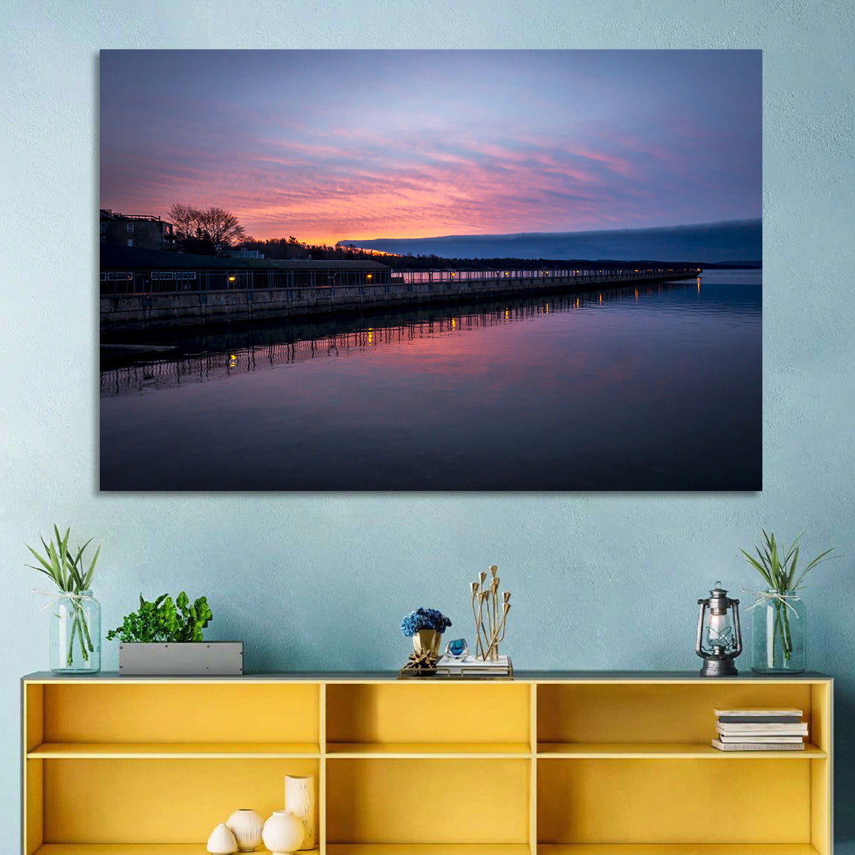 Skaneateles Lake Pier at Dusk Wall Art in a room, landscape