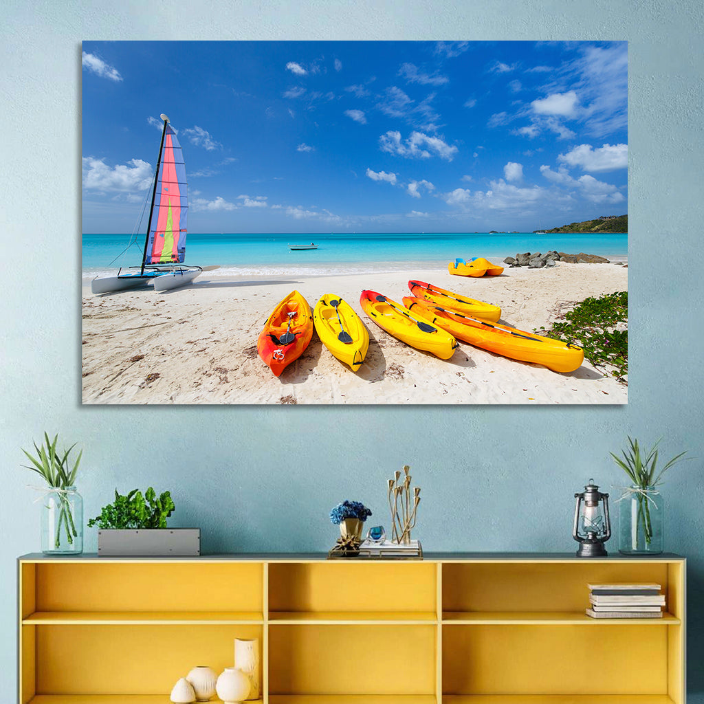Yellow Kayaks on Tropical Beach Wall Art