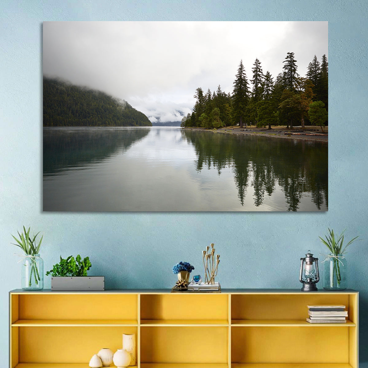 Foggy Lake Crescent Reflection Wall Art in a room, landscape