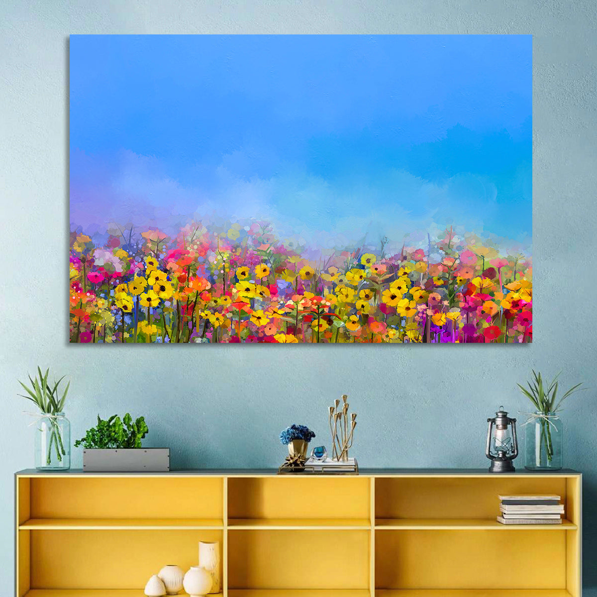 Cornflower and Daisy Meadow Wall Art in a room, landscape
