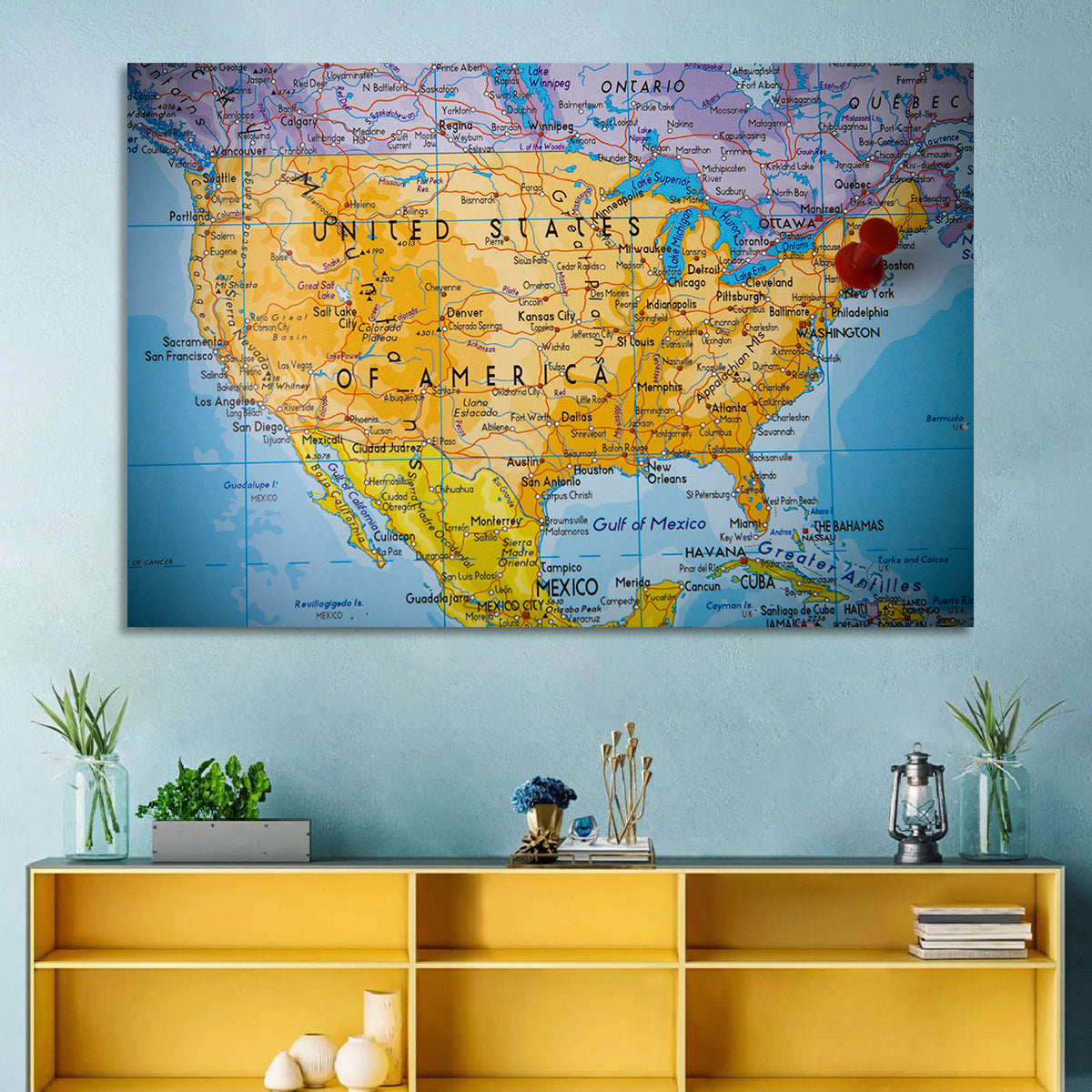 Vintage USA Map with Northeastern Pushpin Wall Art in a room, landscape