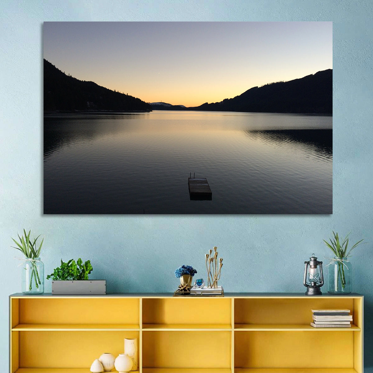 Lake Cushman Dock at Dusk Wall Art in a room, landscape