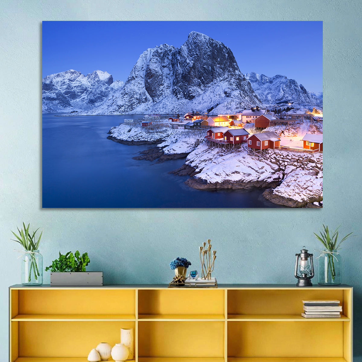 Hamnøy Red Cabins at Winter Dusk Wall Art