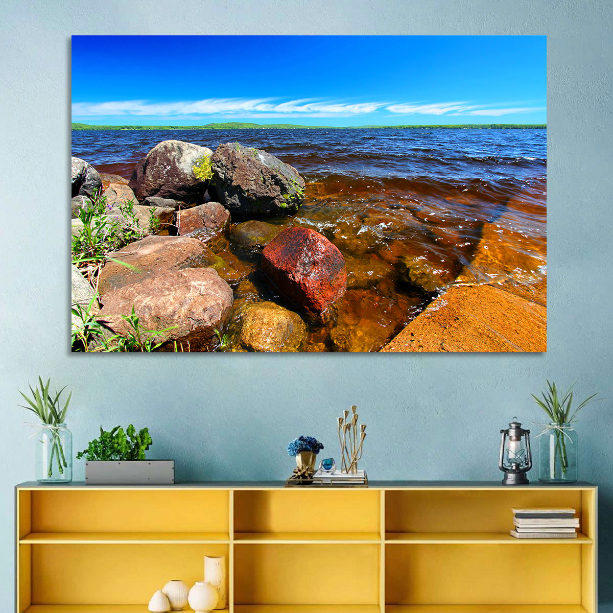 Lake Gogebic Rocky Shoreline Wall Art in a room, landscape