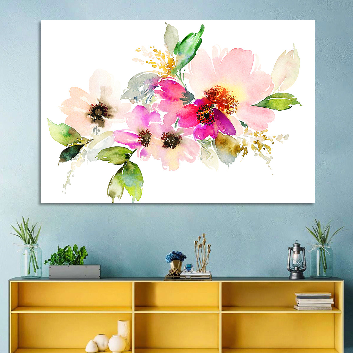 Delicate Pink Floral Watercolor Wall Art in a room, landscape