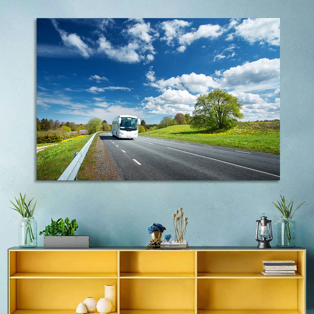 White Bus on Meadow Road Wall Art