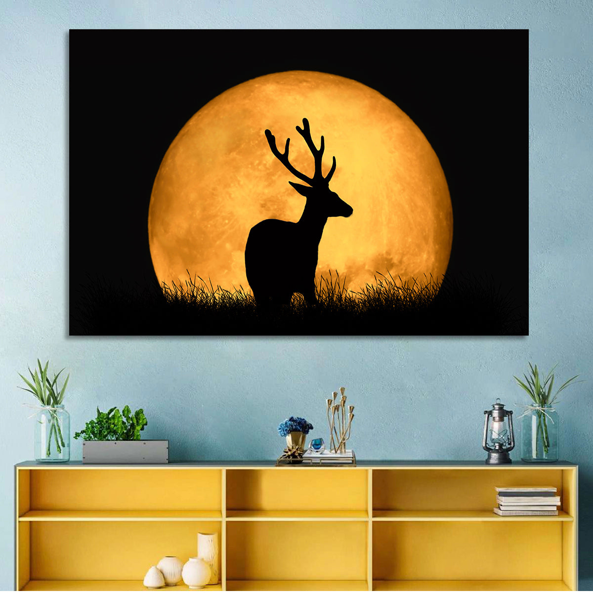Buck Silhouette Under Red Moon Wall Art