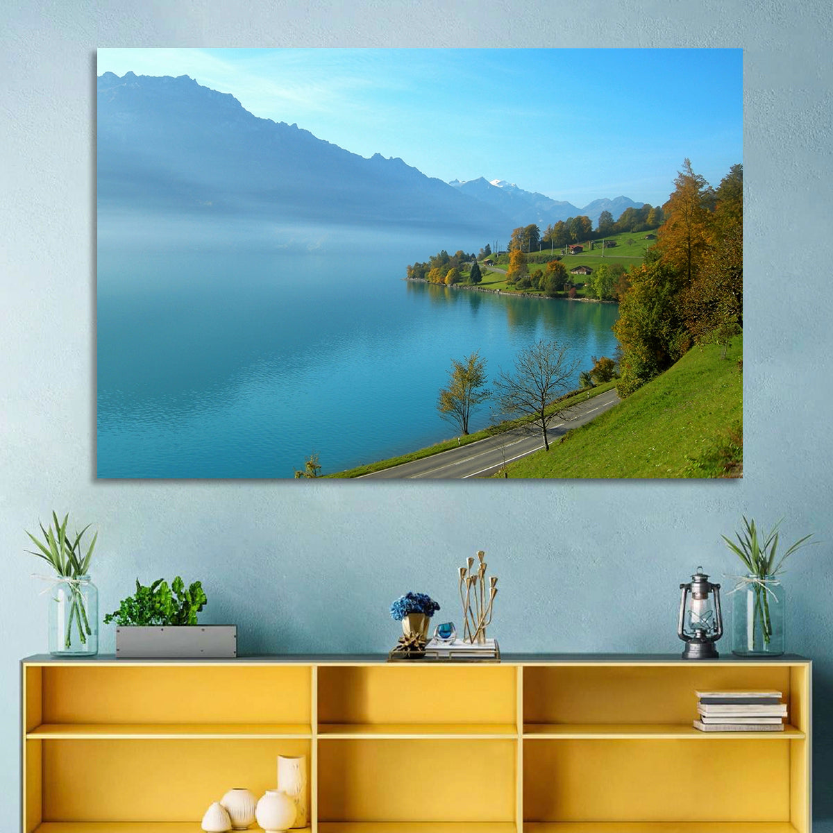 Lake Brienz Misty Shoreline Wall Art in a room, landscape