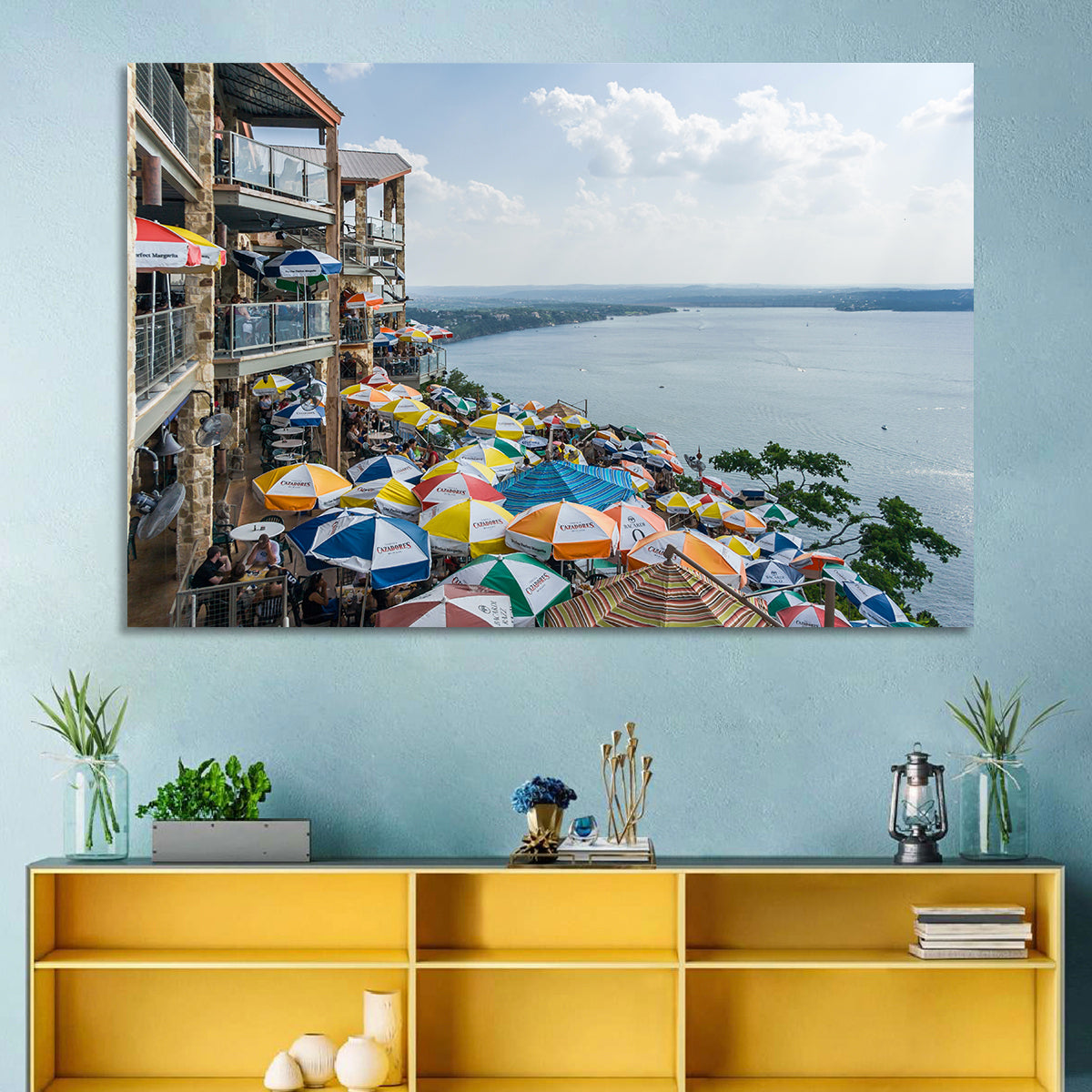 Lake Travis Lakeside Terrace Wall Art in a room, landscape