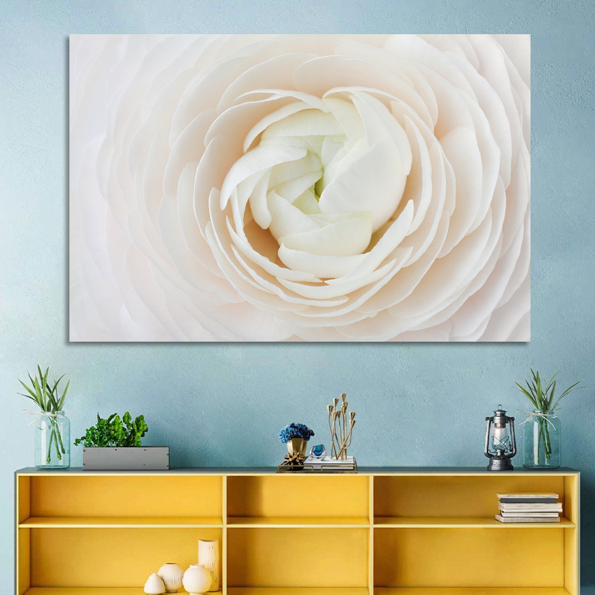 Peach Ranunculus Macro Bloom Wall Art in a room, landscape