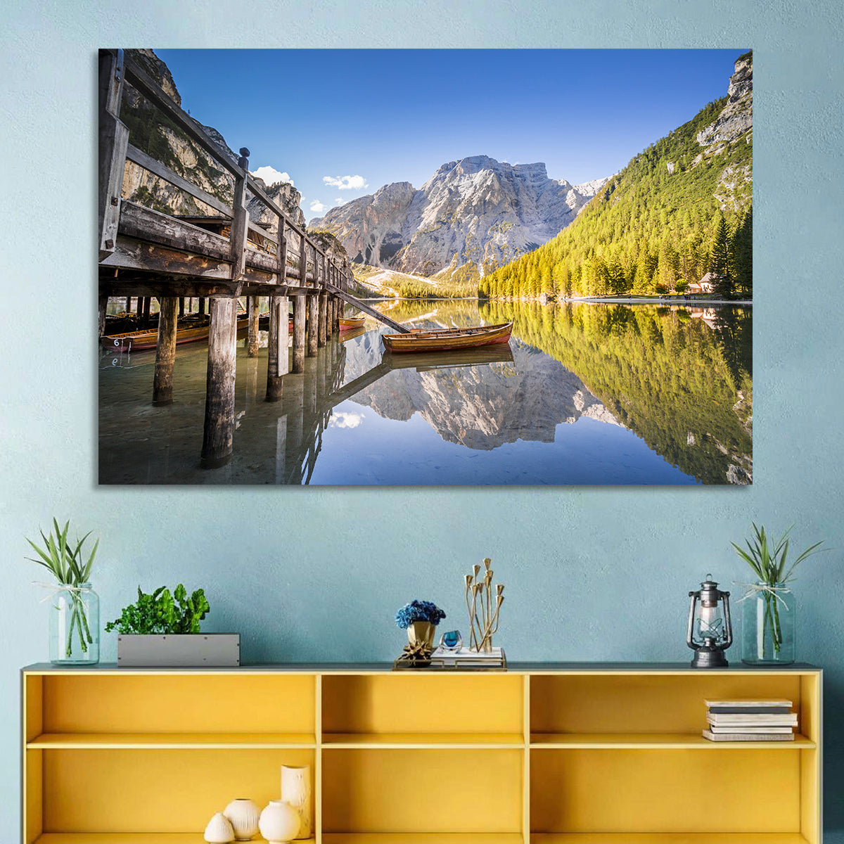 Lago Di Braies Pier Wall Art in a room, landscape