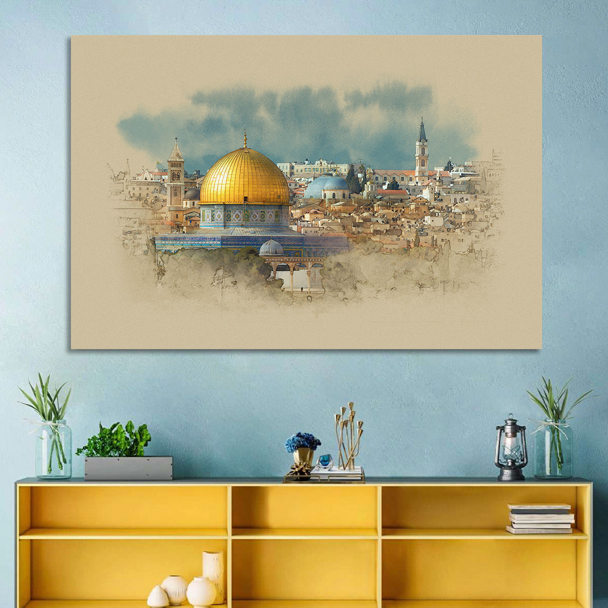 Dome of the Rock Watercolor Study Wall Art in a room, landscape