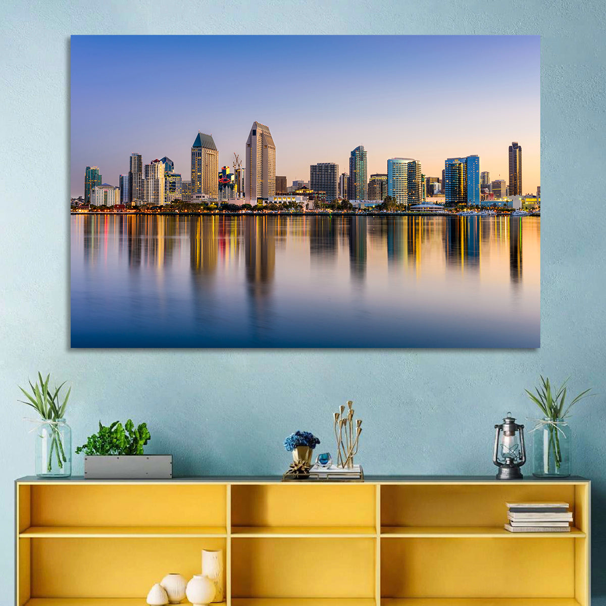 San Diego Skyline at Golden Dusk Wall Art in a room, landscape