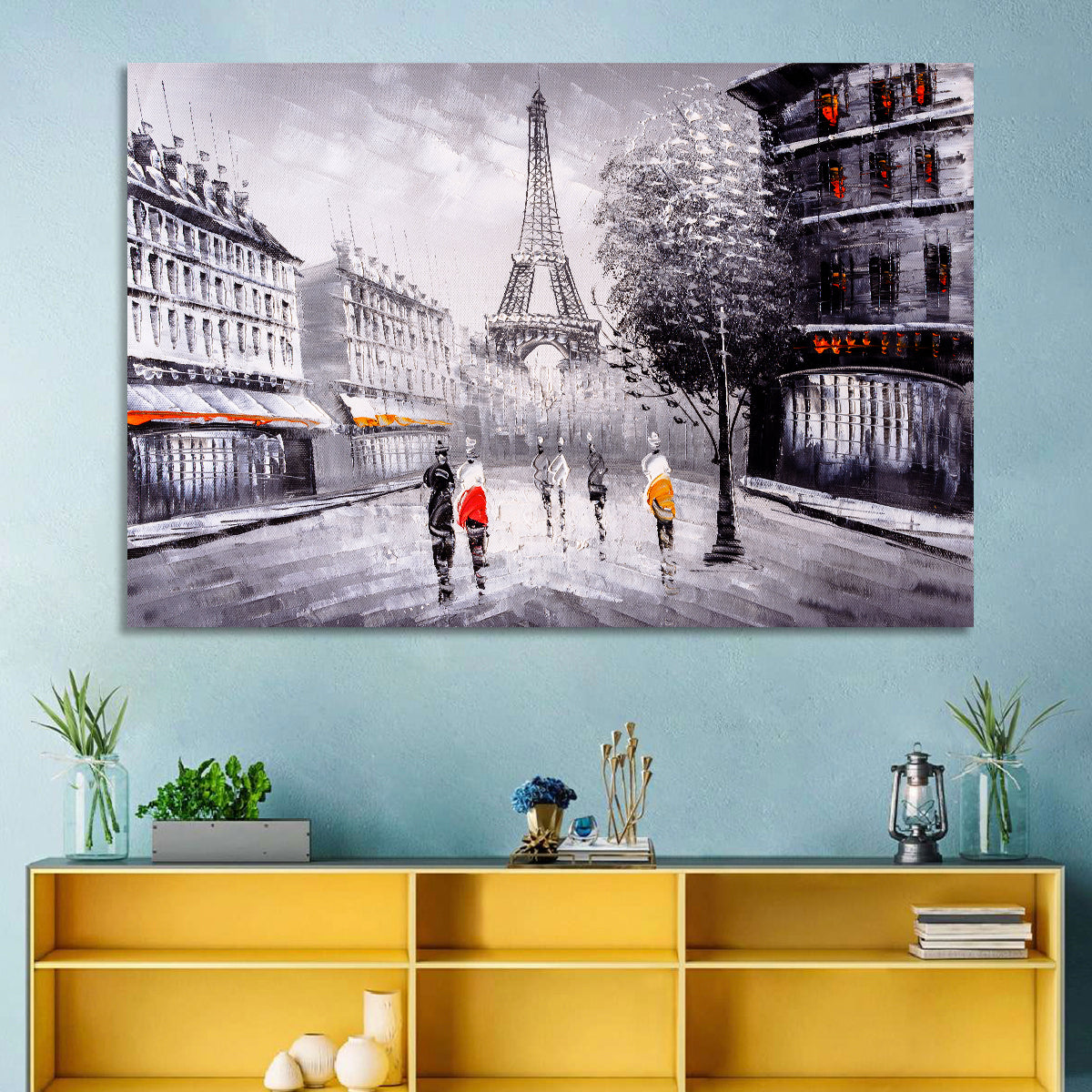 Paris Street with Eiffel Tower Wall Art in a room, landscape