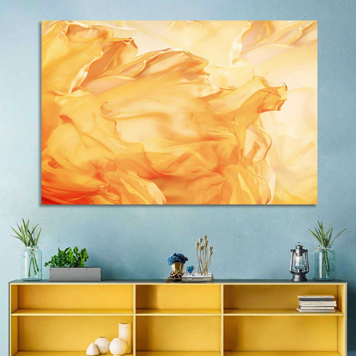 Golden Waving Cloth Abstract Wall Art in a room, landscape