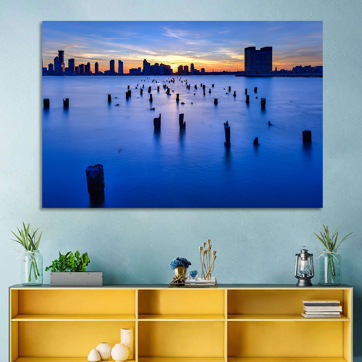 Jersey City Skyline at Dusk Wall Art in a room, landscape