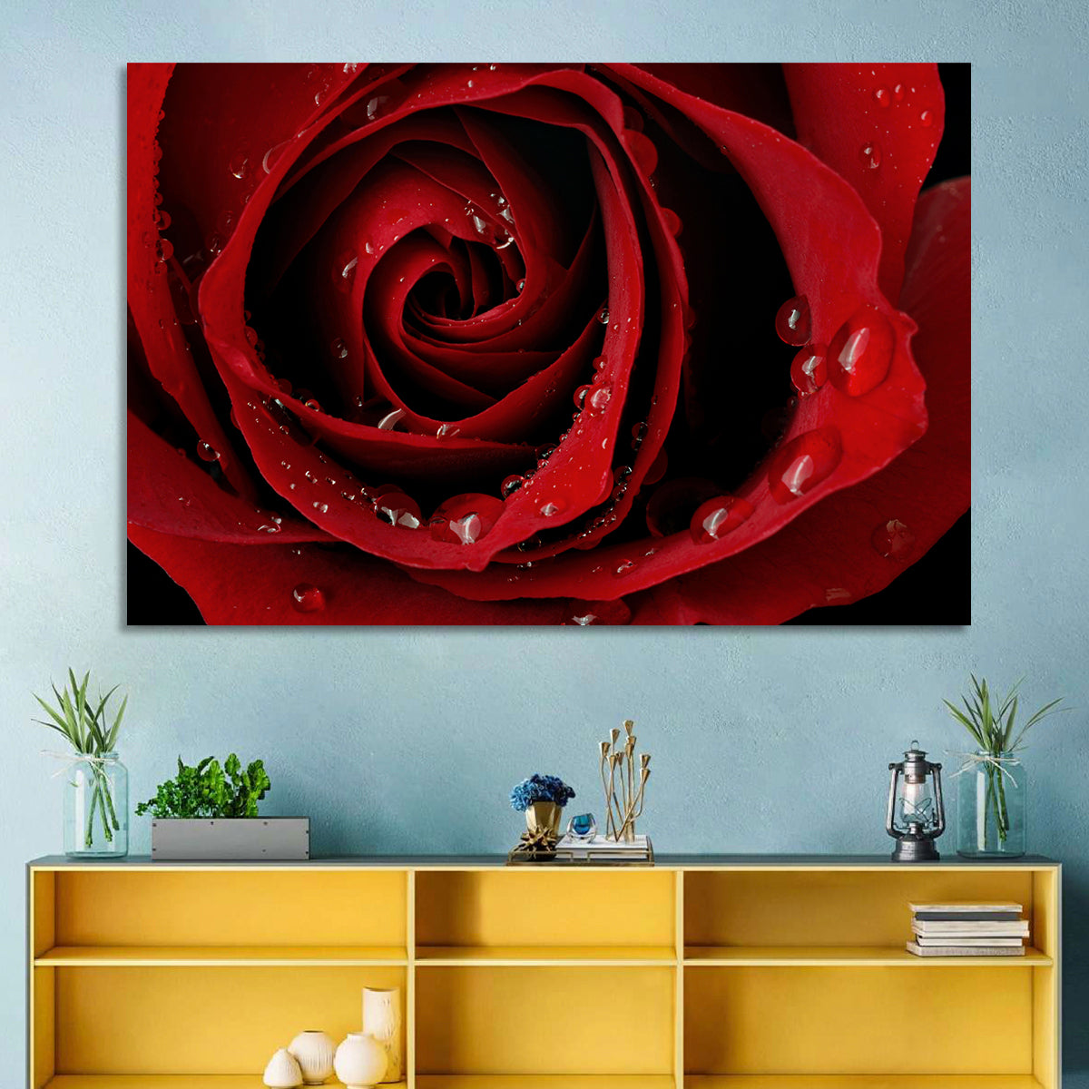 Red Rose with Dew Drops Wall Art in a room, landscape