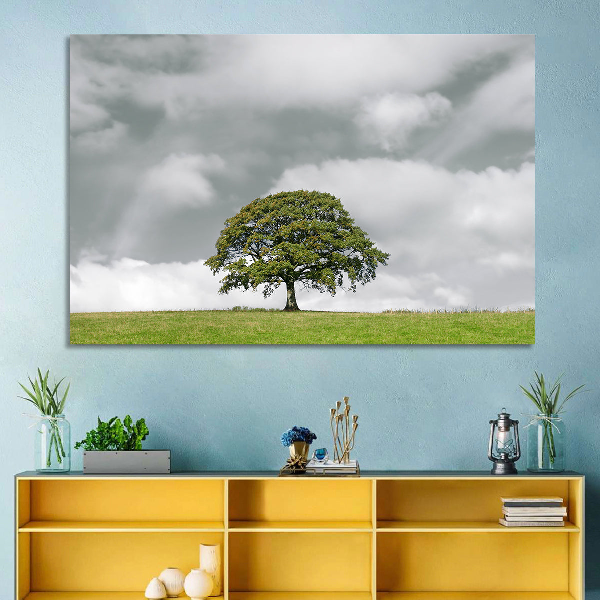 Solitary Oak in Meadow Wall Art in a room, landscape