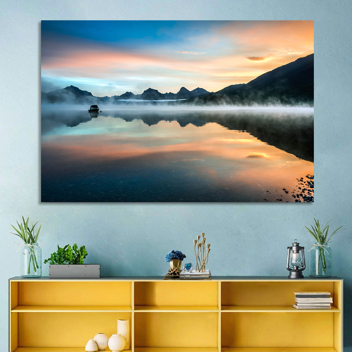 Lake Mcdonald Dawn Mist Wall Art in a room, landscape