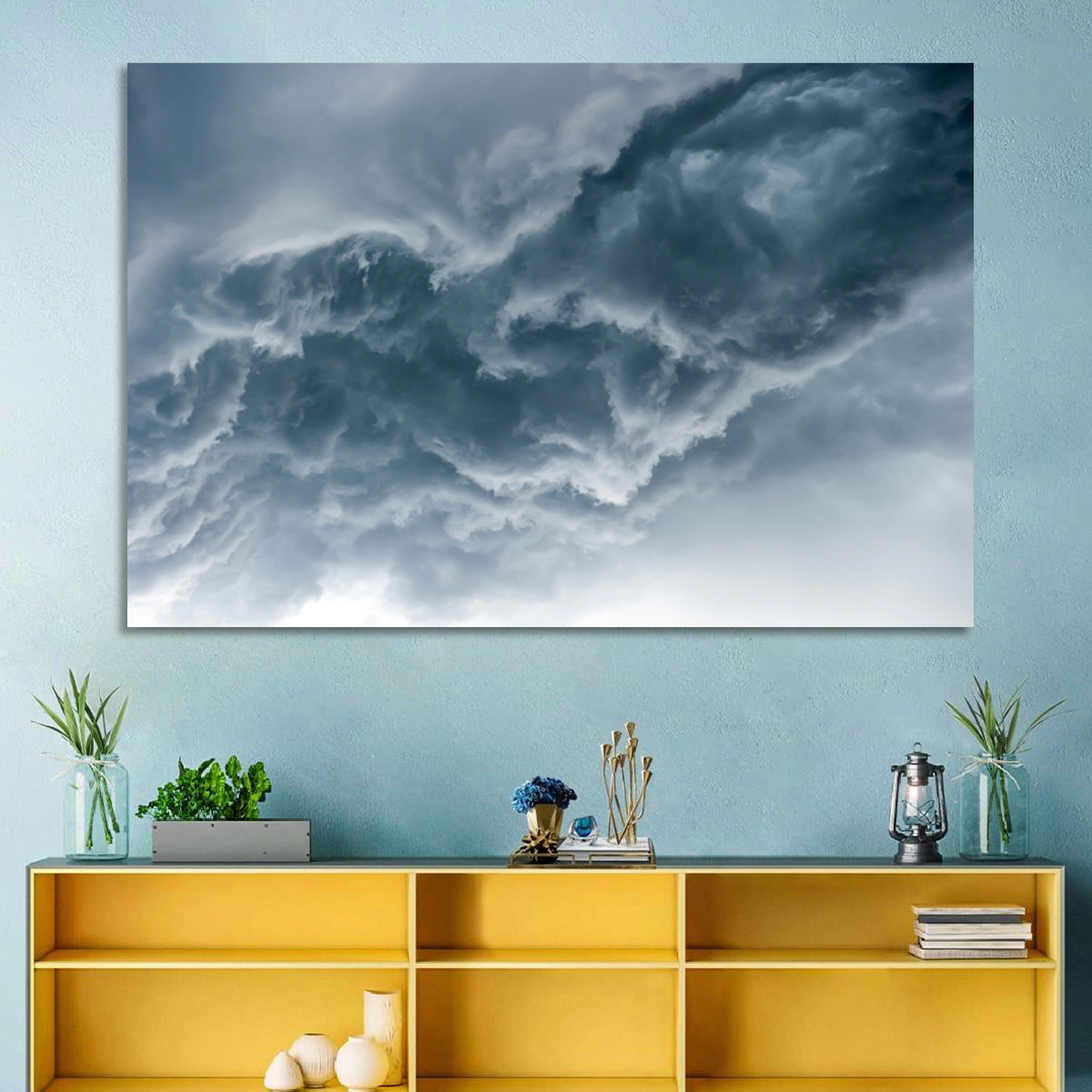 Turbulent Storm Cloud Abstract Wall Art in a room, landscape