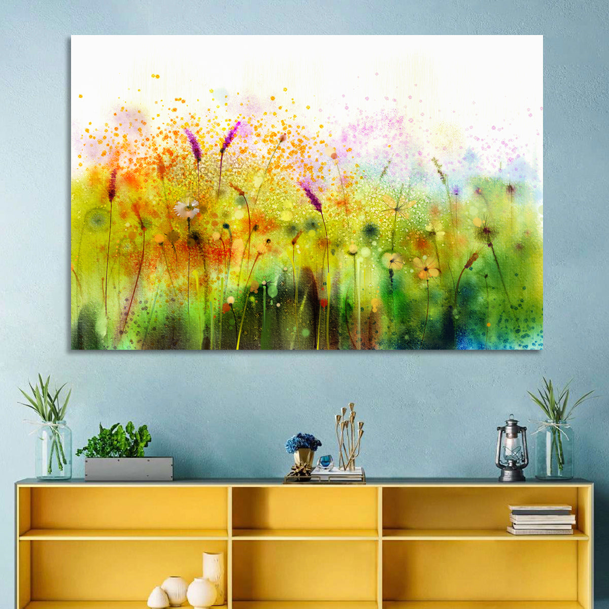 Cosmos Wildflowers Watercolor Wall Art in a room, landscape