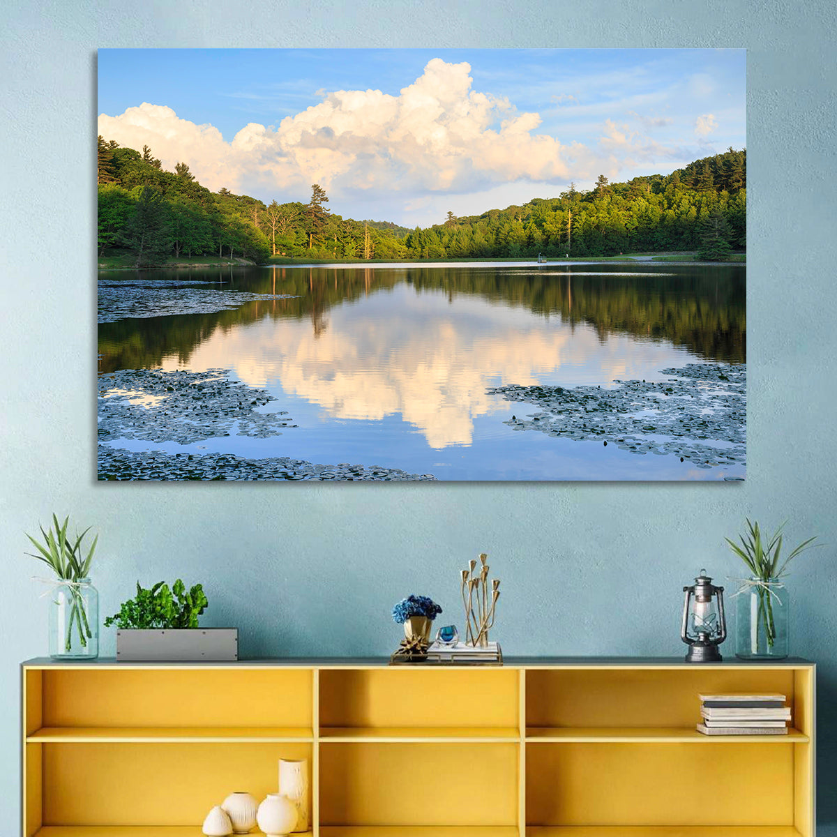 Bass Lake Reflection Wall Art in a room, landscape