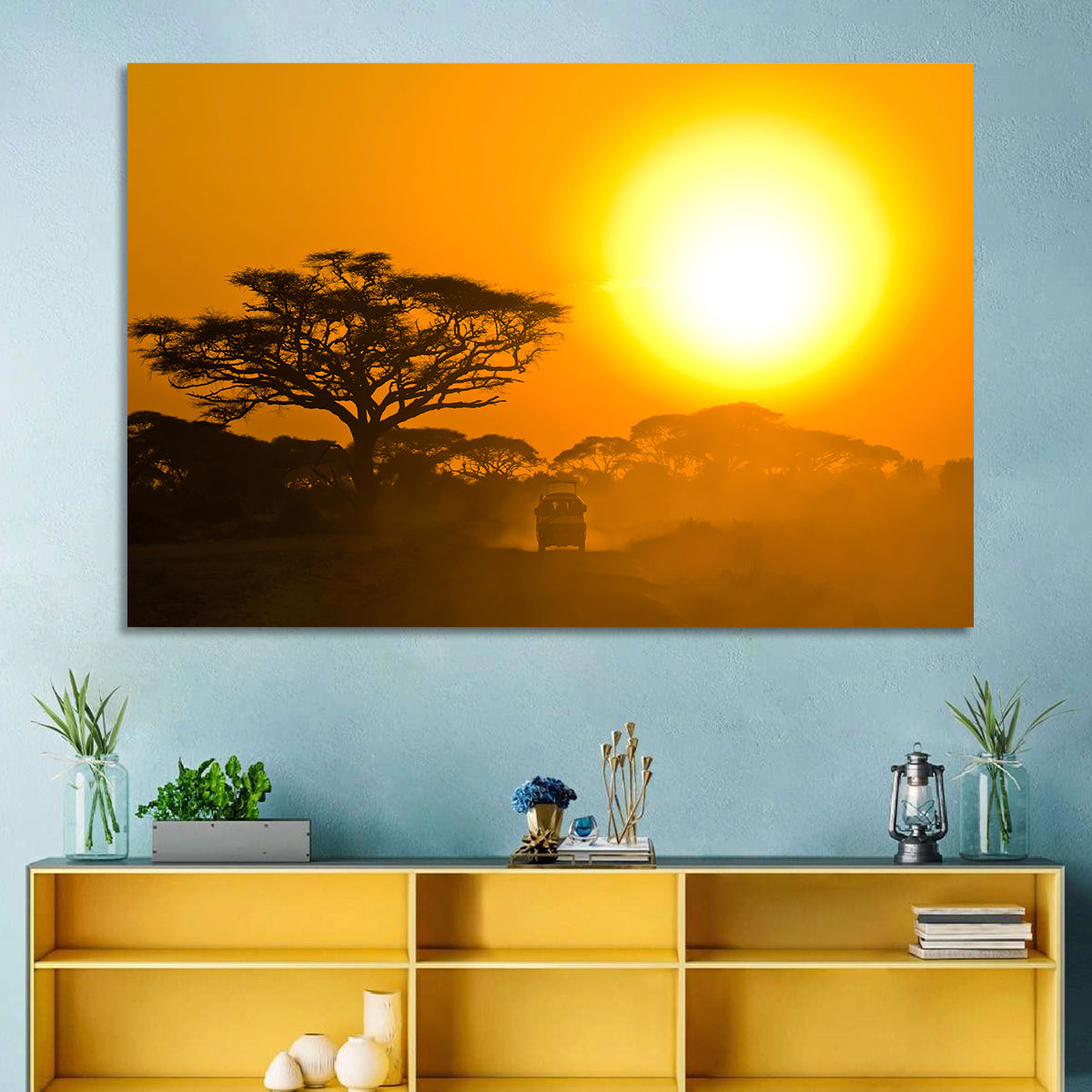 Jeep on Savannah at Sunset Wall Art in a room, landscape