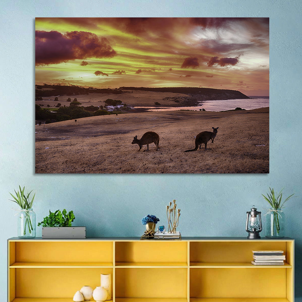 Two Kangaroos at Sunset Coast Wall Art
