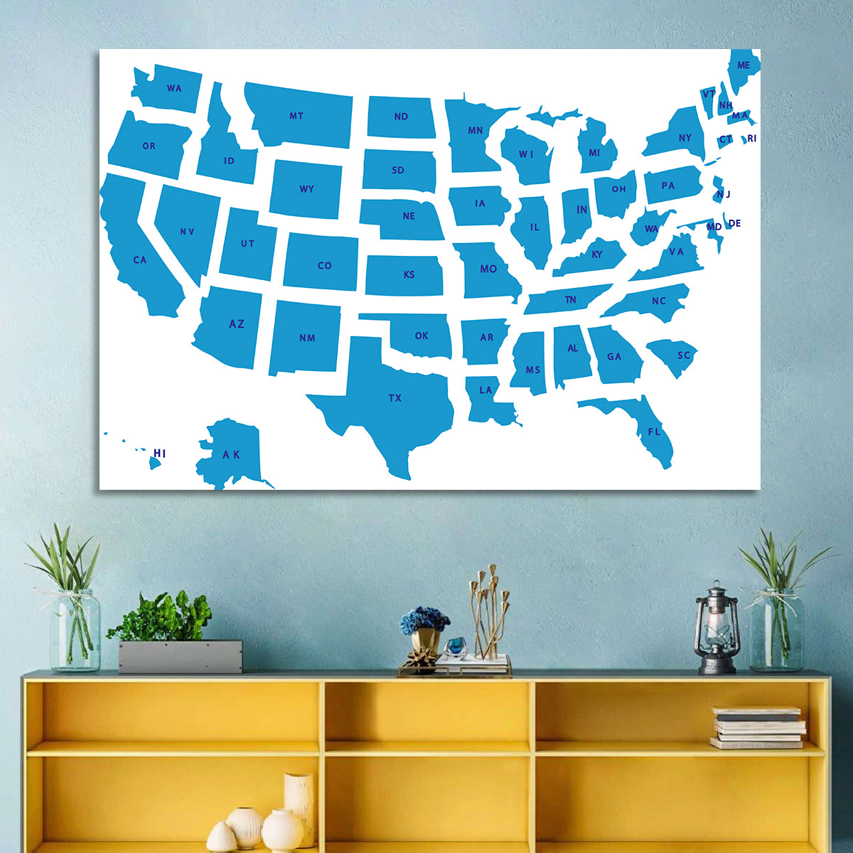 Blue Minimalist USA Map Wall Art in a room, landscape