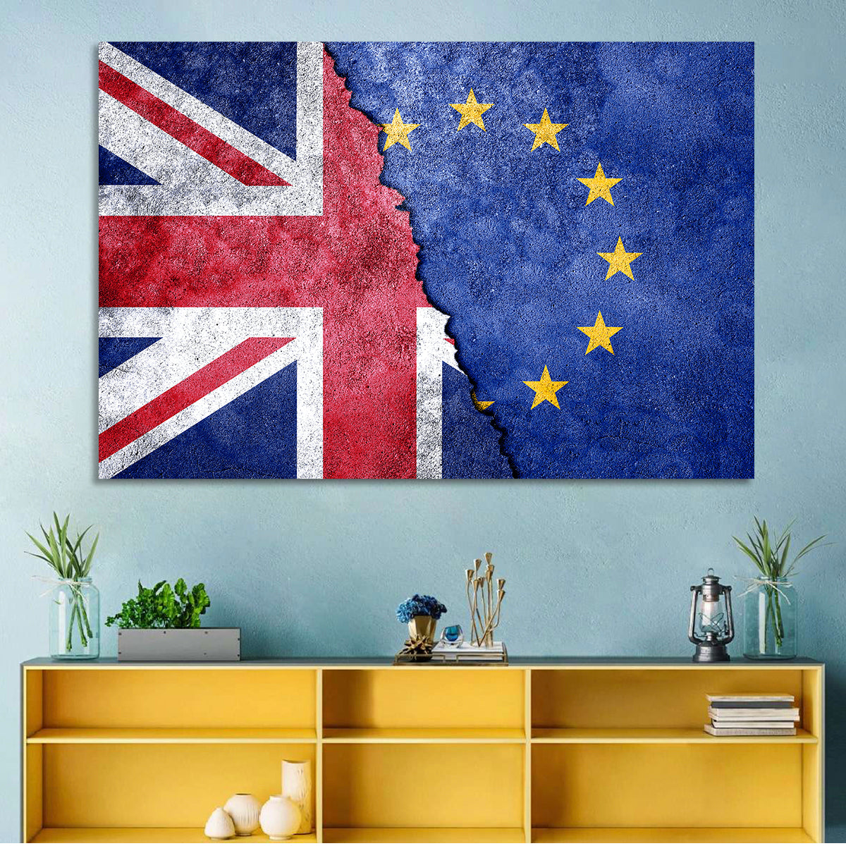 Divided Union Jack and Eu Flag Wall Art in a room, landscape