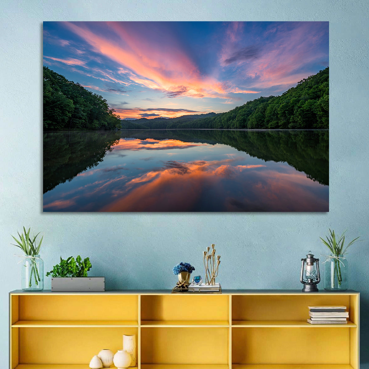Appalachian Lake Sunset Wall Art in a room, landscape