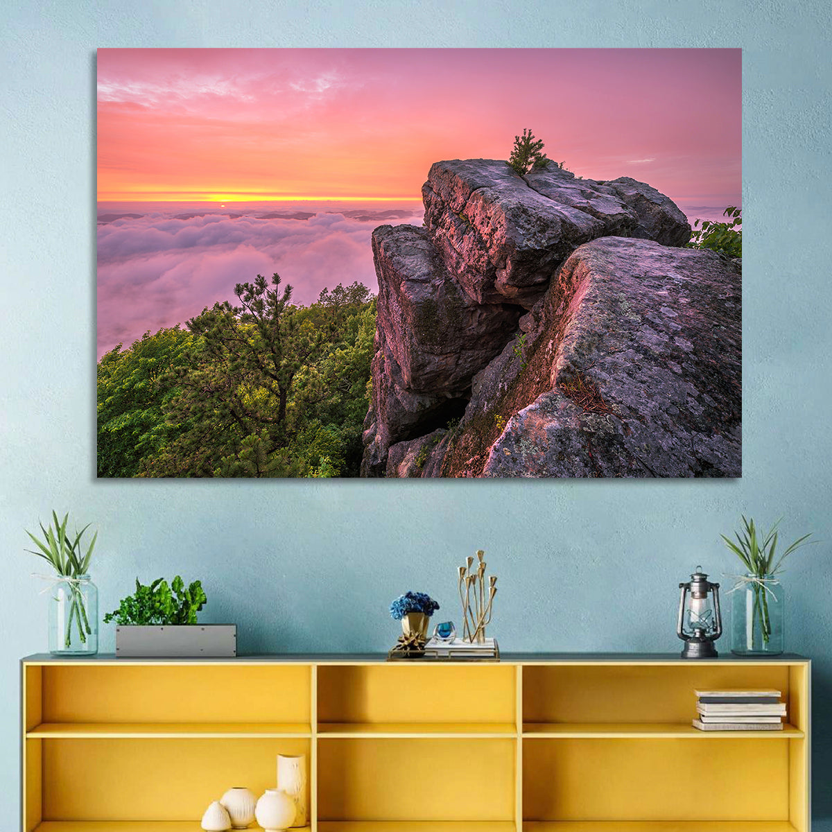 Pine Mountain Trail Sunset Over Cloud Sea Wall Art in a room, landscape
