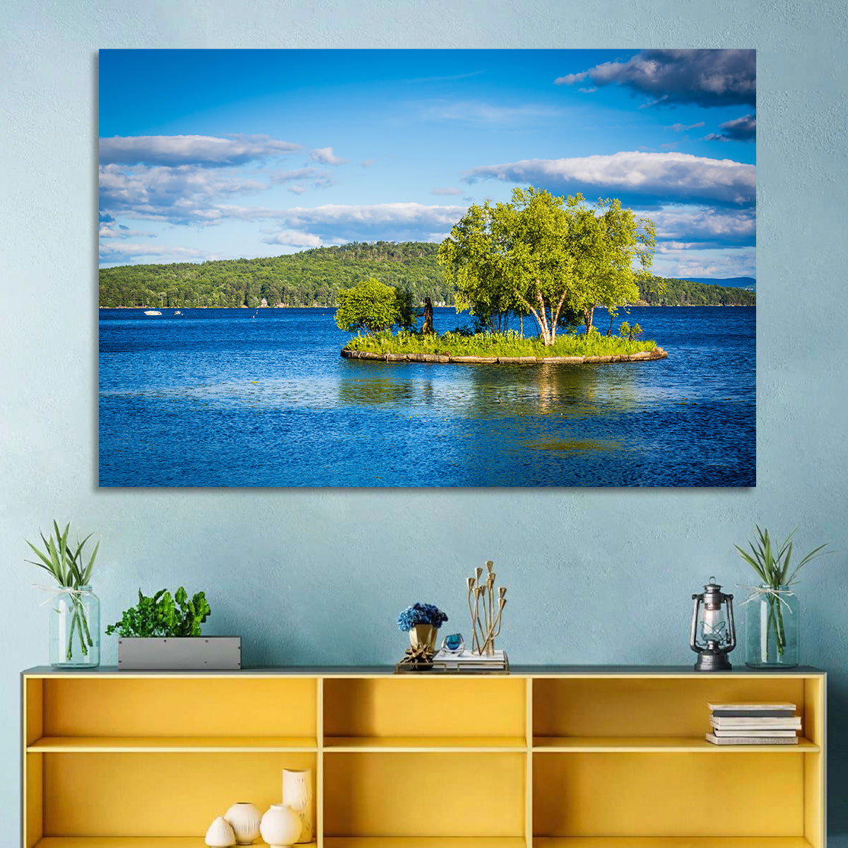 Lake Winnipesaukee Landscape Wall Art in a room, landscape
