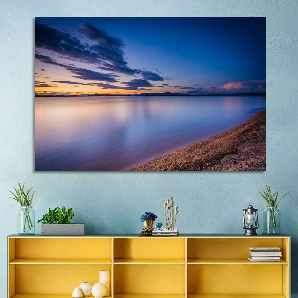 Lake Winnipesaukee Shoreline Sunset Wall Art in a room, landscape
