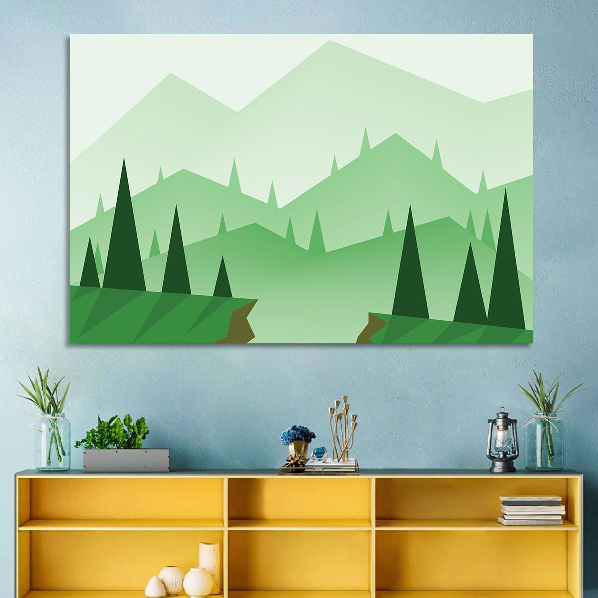 Misty Green Hills Illustration Wall Art in a room, landscape