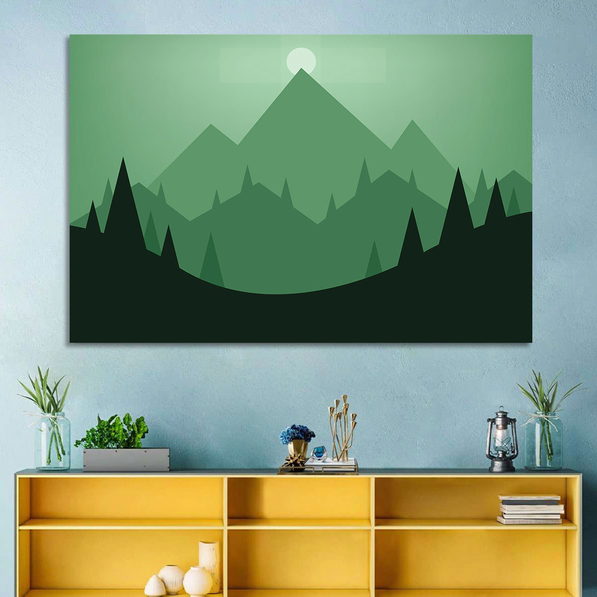 Geometric Mountain Sunset Illustration Wall Art in a room, landscape