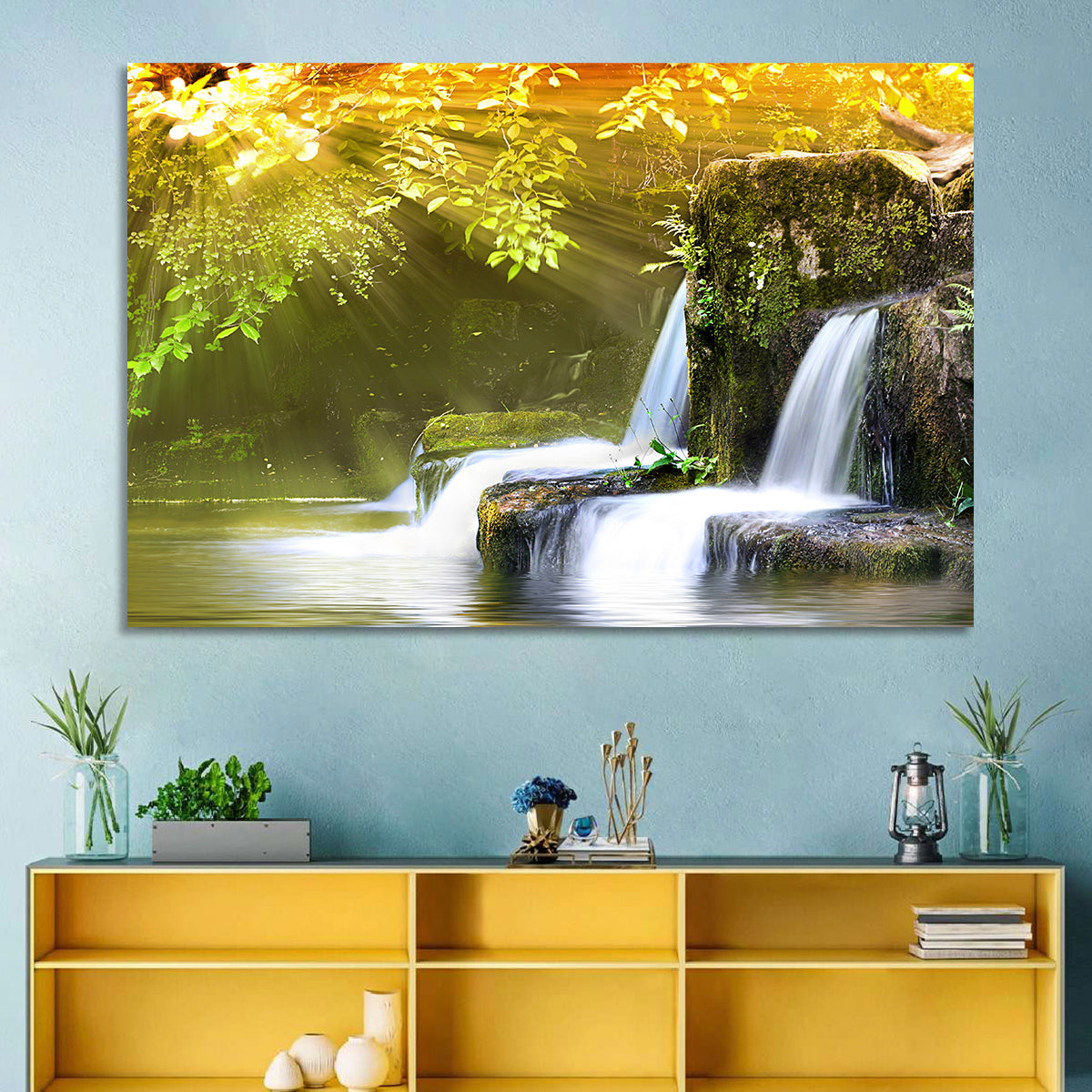 Sunlit Forest Waterfall Wall Art in a room, landscape