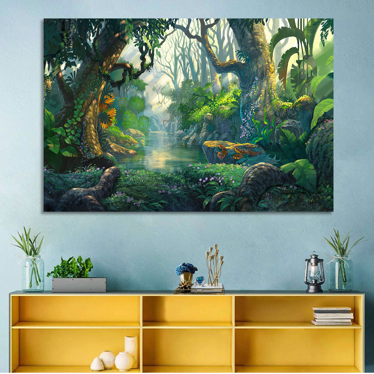 Sunlit Jungle River Wall Art in a room, landscape