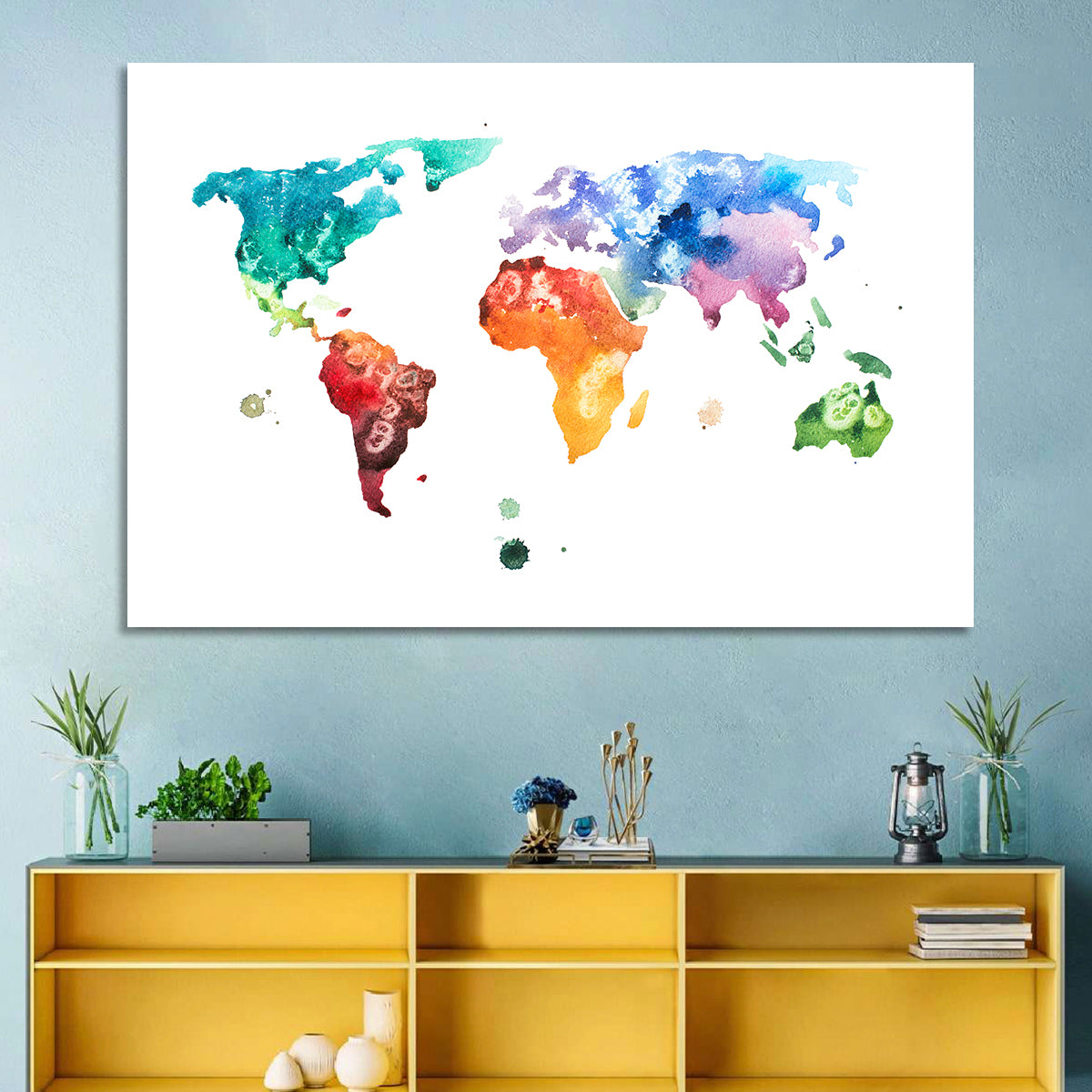 Multicolor Watercolor World Map Wall Art in a room, landscape
