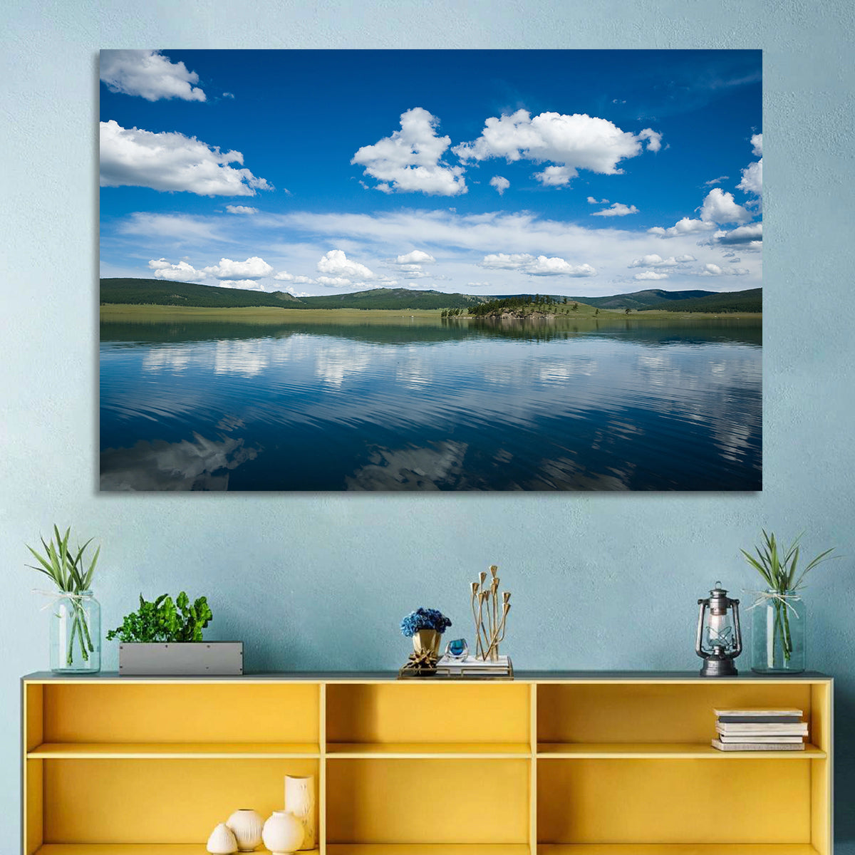 Lake Khovsgol Reflection Wall Art in a room, landscape