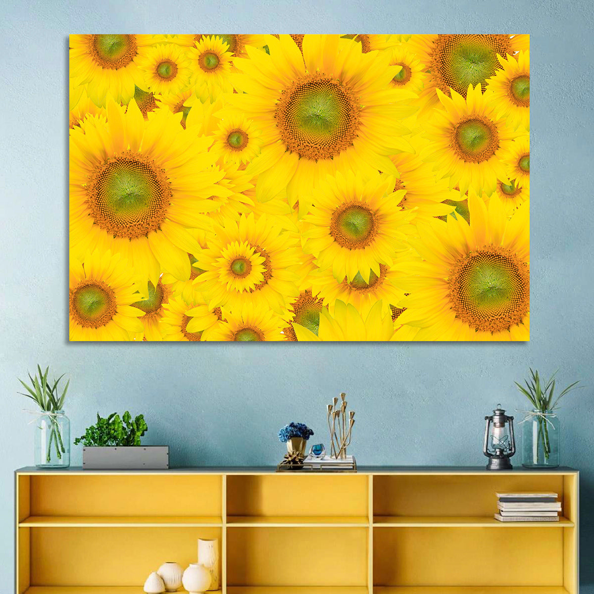 Sunflower Field Close-up in Yellow Wall Art in a room, landscape