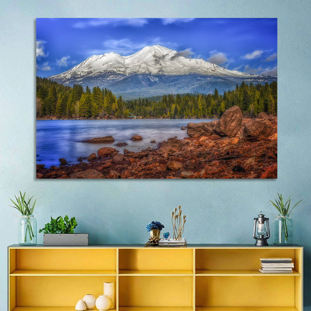 Mount Shasta Over Lake Siskiyou Wall Art in a room, landscape
