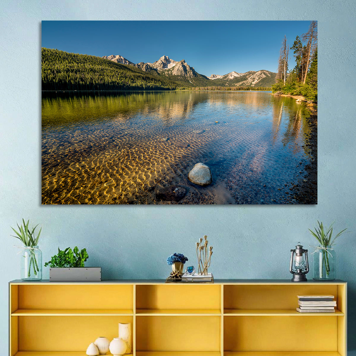 Morning Light at Stanley Lake Wall Art in a room, landscape