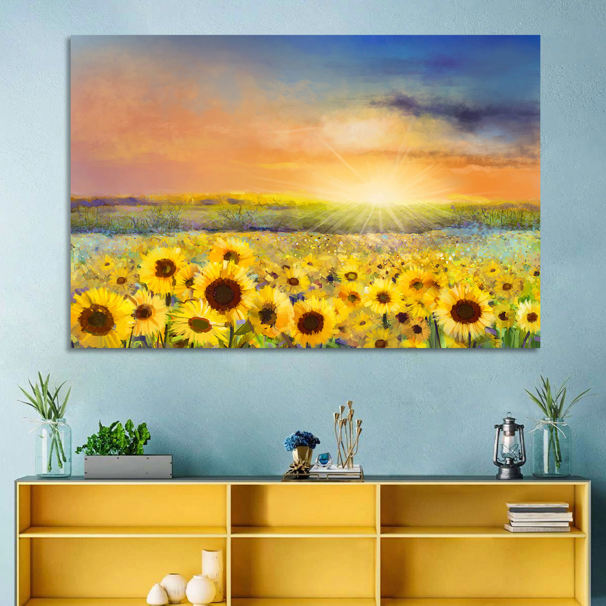 Sunburst Over Sunflower Field Wall Art in a room, landscape