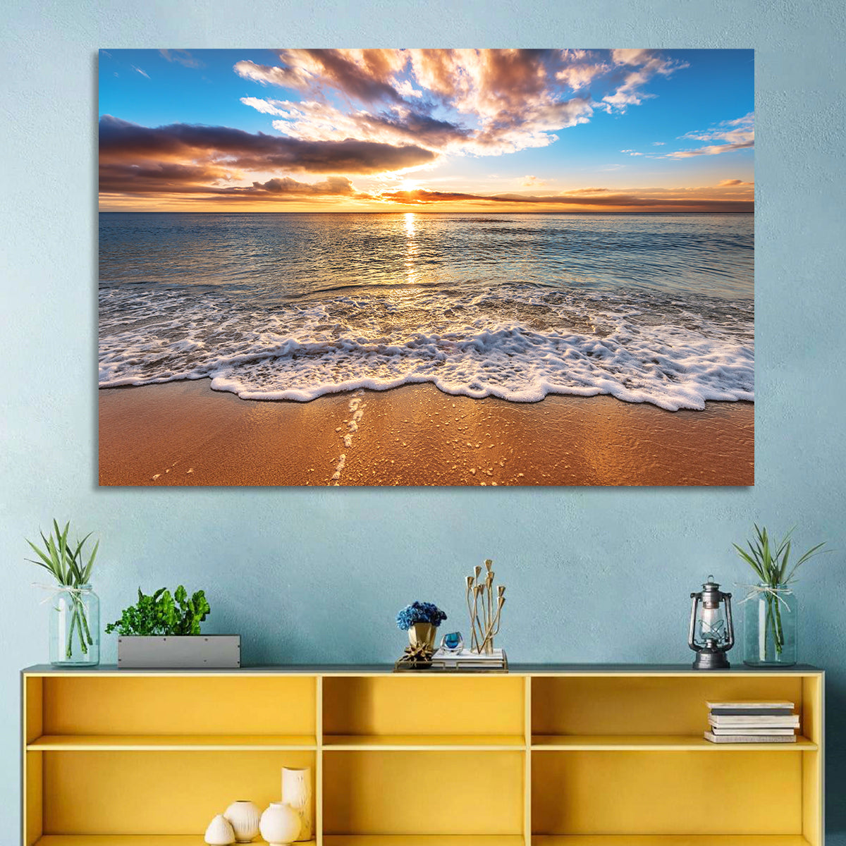 Golden Beach Sunrise Wall Art in a room, landscape